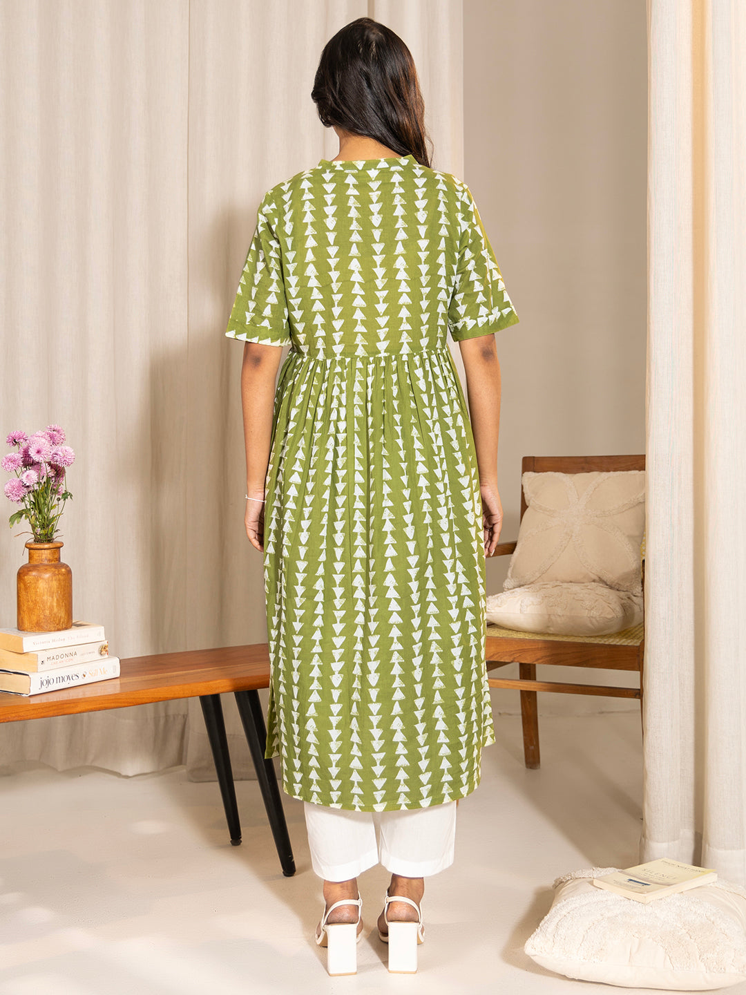 Green Cotton Block Printed Gathered Maternity Kurta  - By Janasya