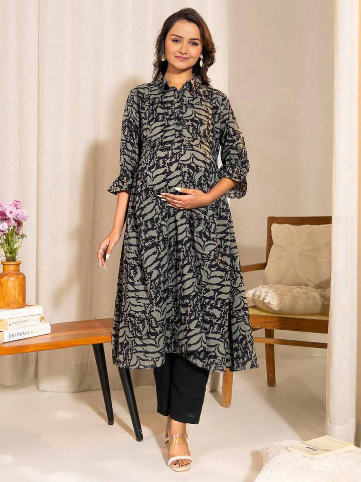 Grey Cotton Abstract A-Line Maternity Kurta  - By Janasya