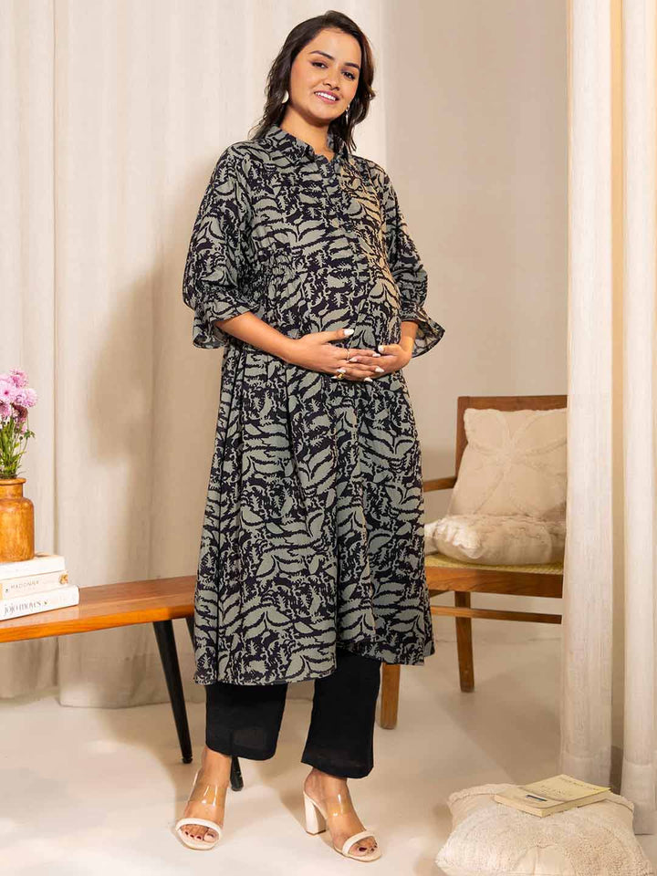 Grey Cotton Abstract A-Line Maternity Kurta  - By Janasya