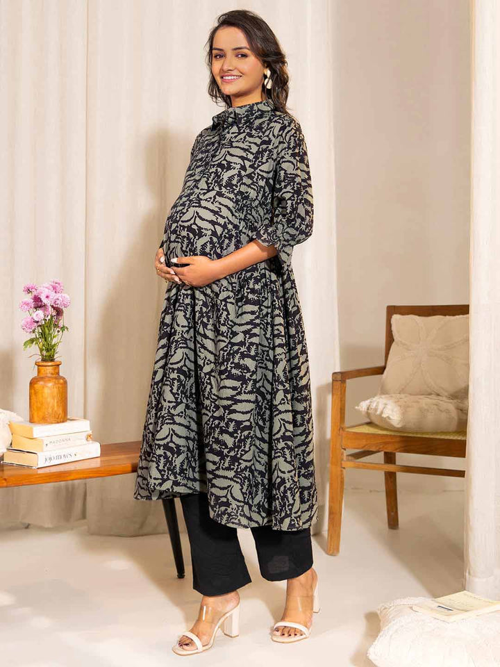 Grey Cotton Abstract A-Line Maternity Kurta  - By Janasya