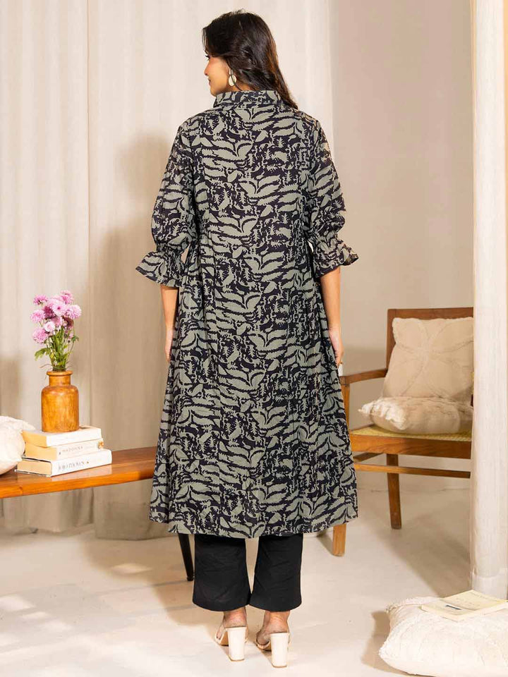 Grey Cotton Abstract A-Line Maternity Kurta  - By Janasya