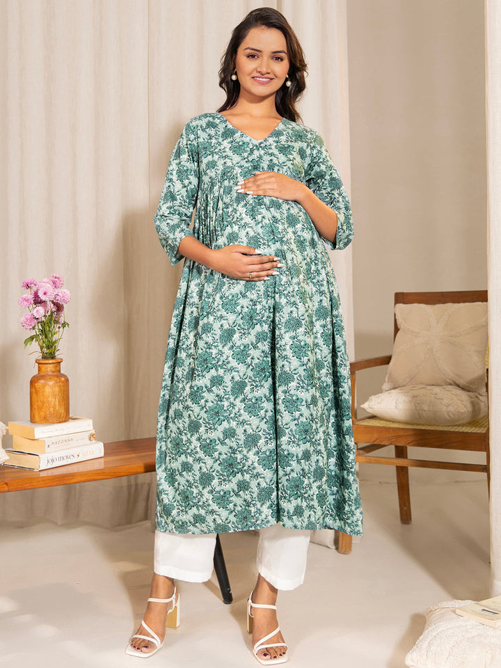 Sage Green Cotton Floral Printed A-Line Maternity Kurta  - By Janasya