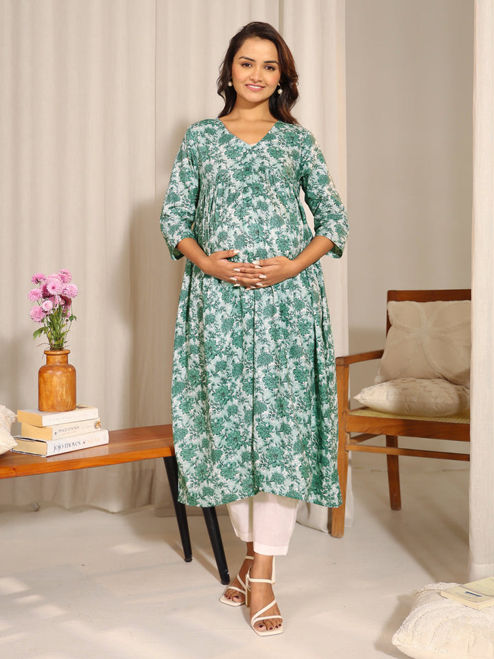 Sage Green Cotton Floral Printed A-Line Maternity Kurta  - By Janasya