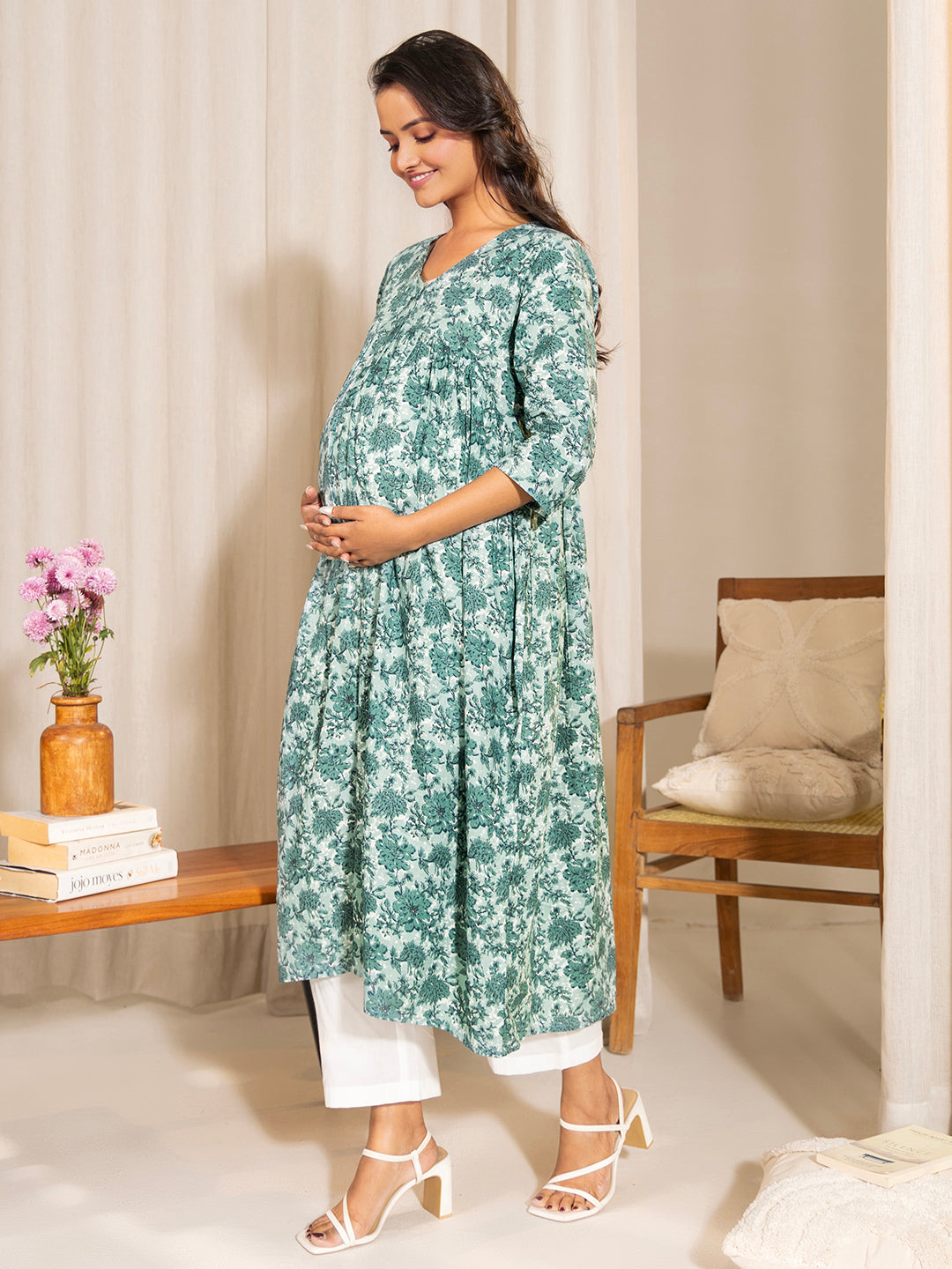 Sage Green Cotton Floral Printed A-Line Maternity Kurta  - By Janasya