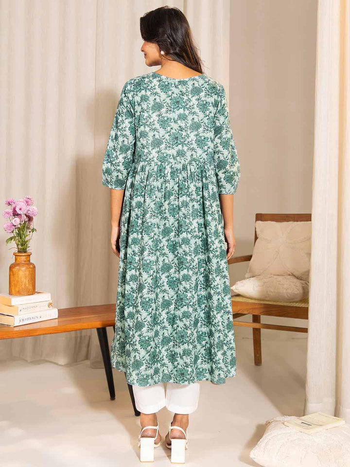 Sage Green Cotton Floral Printed A-Line Maternity Kurta  - By Janasya