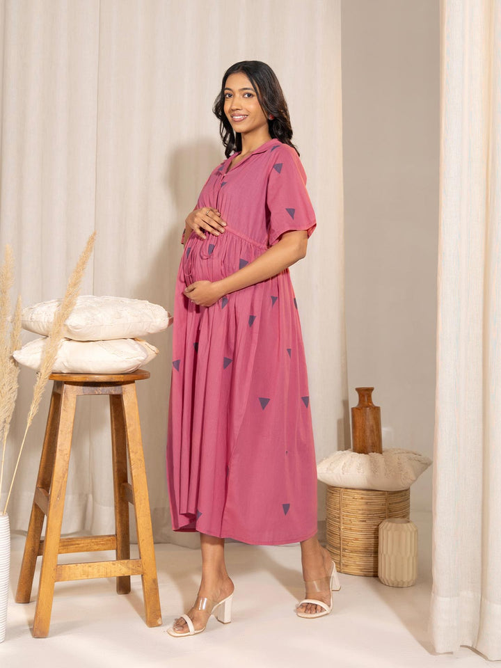 Pink Cotton Geometric Gathered Maternity Dress  - By Janasya