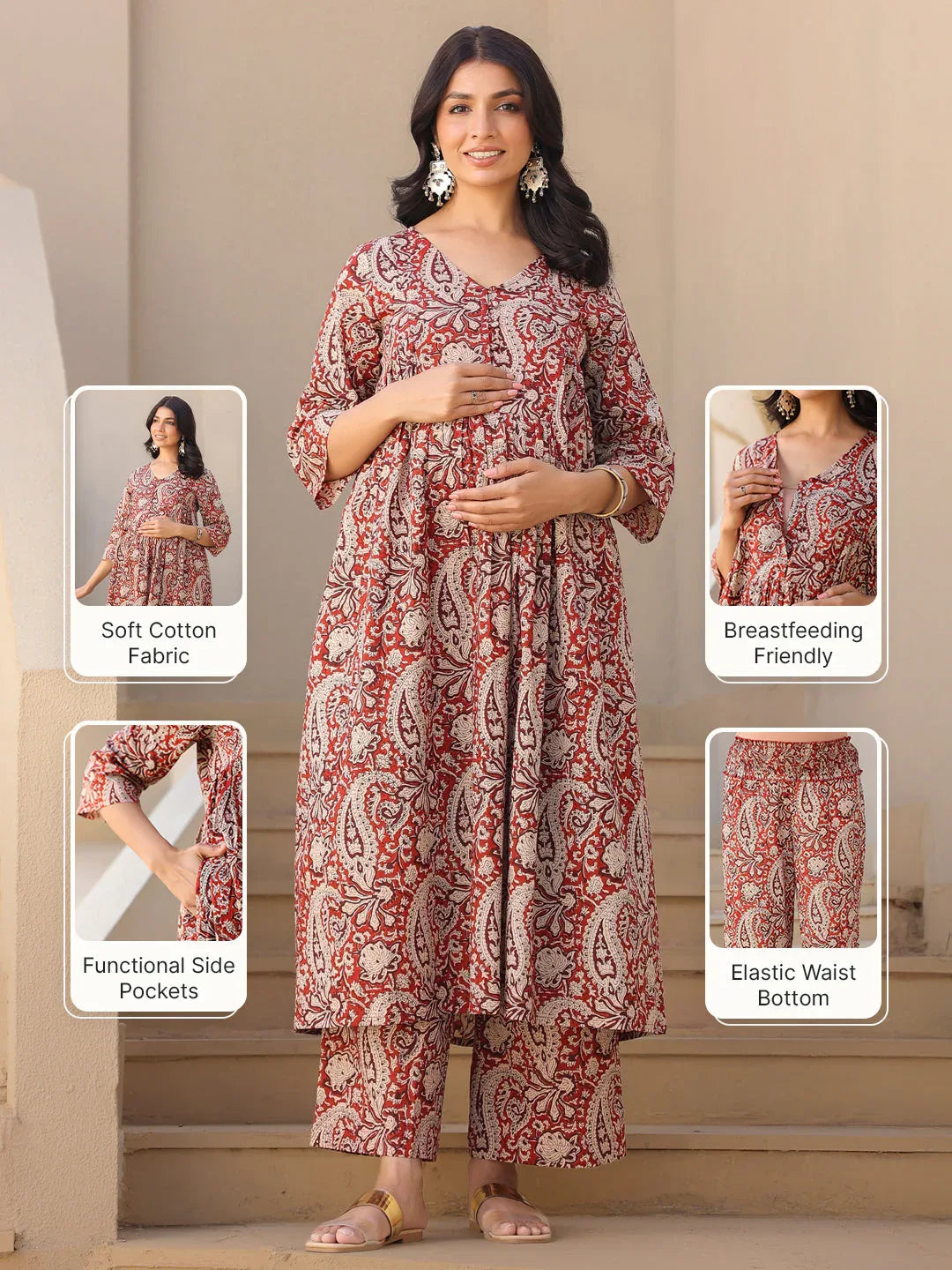 Maroon Pure Cotton Paisley Printed A-line Maternity Kurta Pant Set
