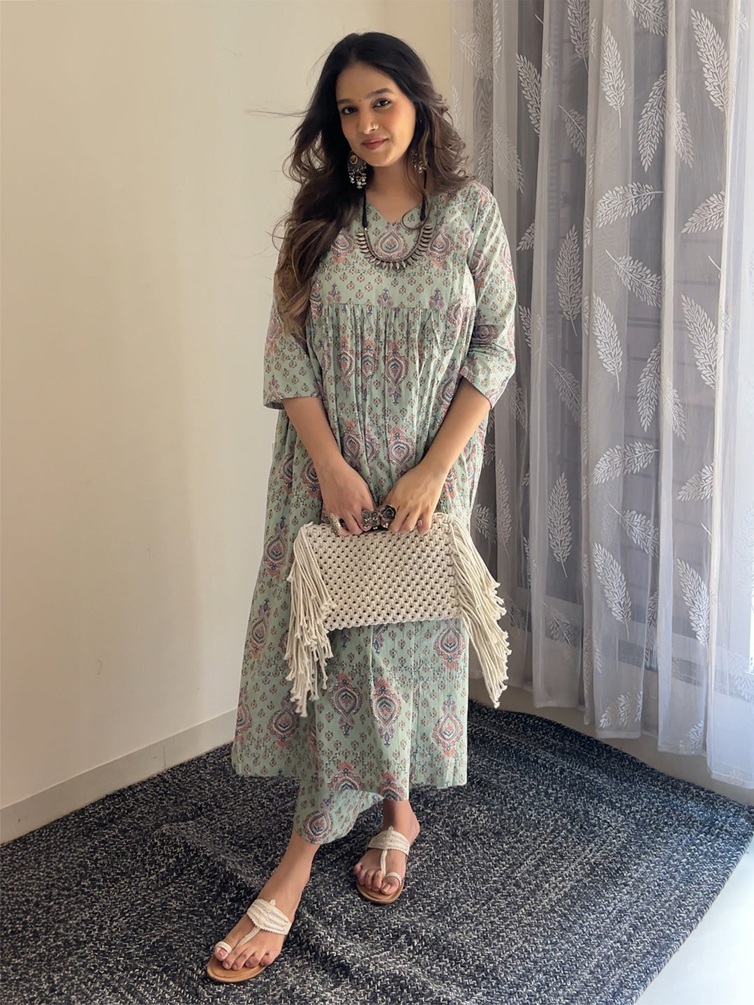 Light Green Pure Cotton Floral Printed A-line Maternity Kurta Pant Set - qivii