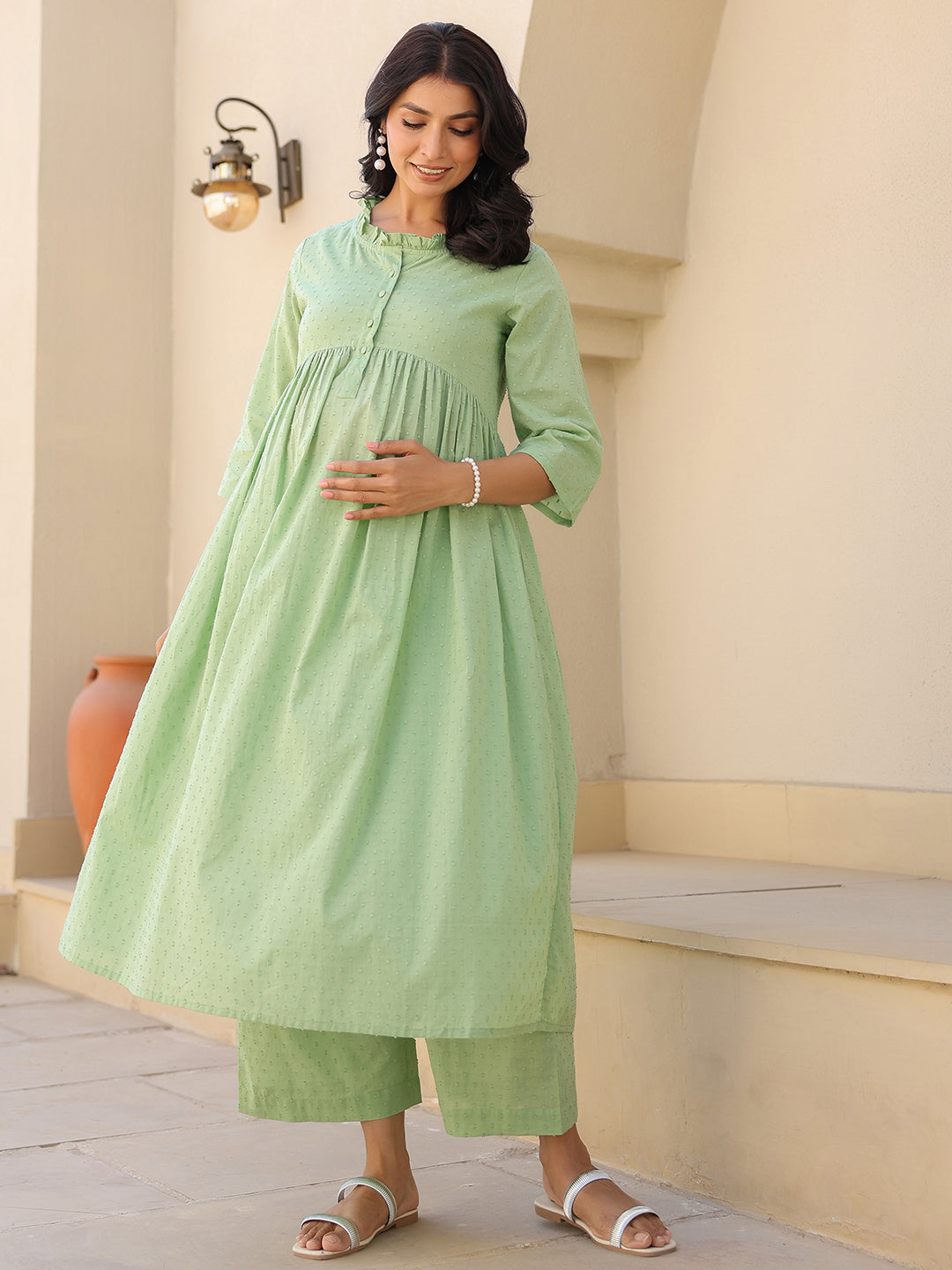 Green Dobby Pure Cotton Self Design A-line Maternity Kurta Pant Set - qivii