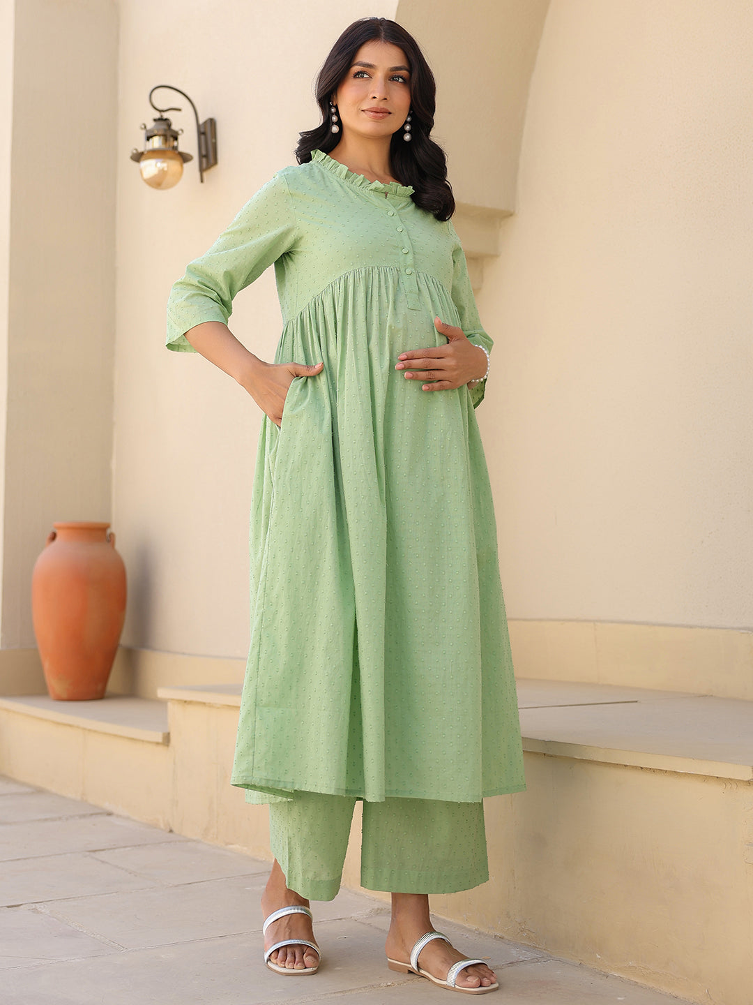 Green Dobby Pure Cotton Self Design A-line Maternity Kurta Pant Set - qivii