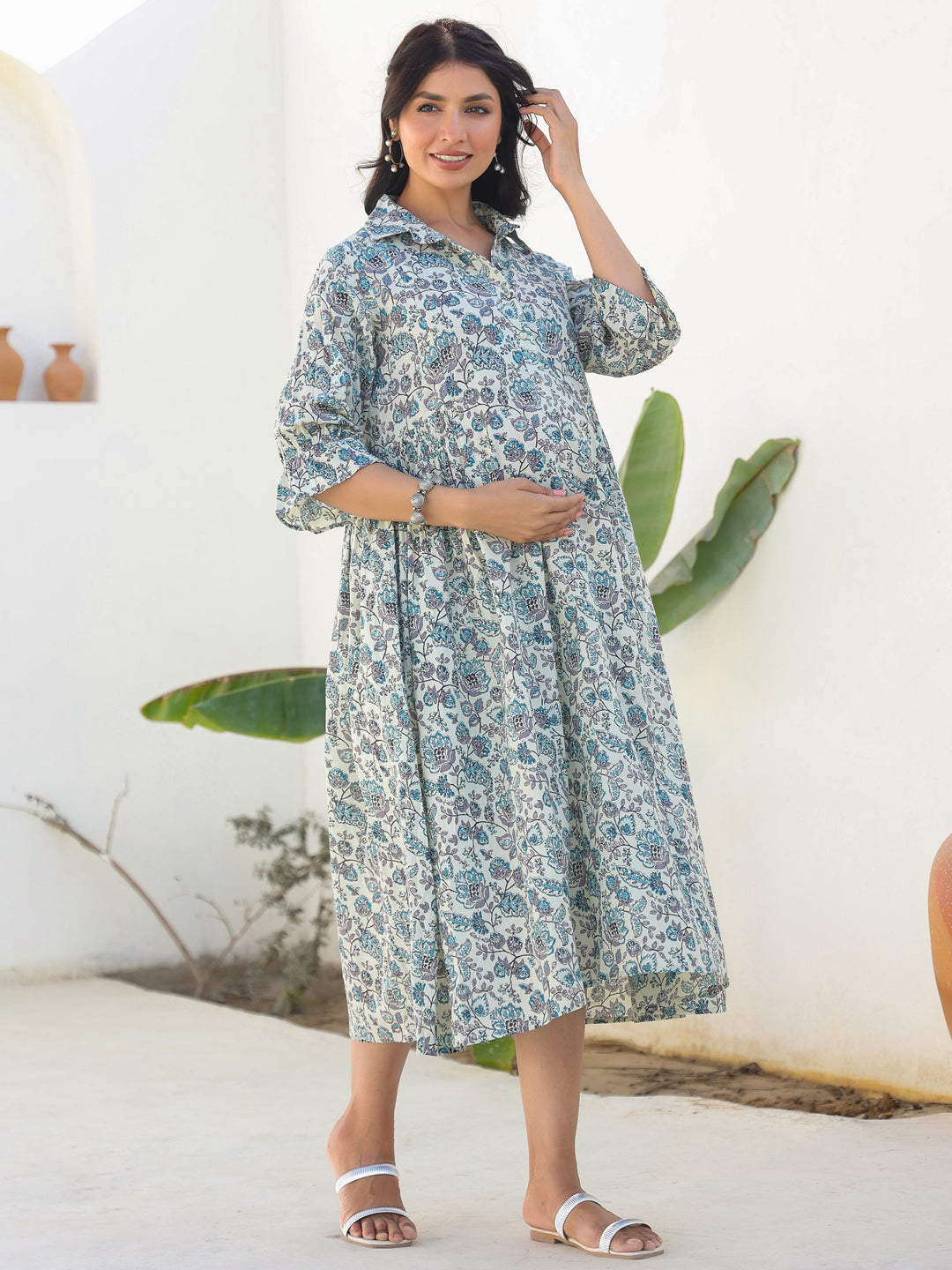 Off White Pure Cotton Floral Printed A-line Maternity Dress - qivii