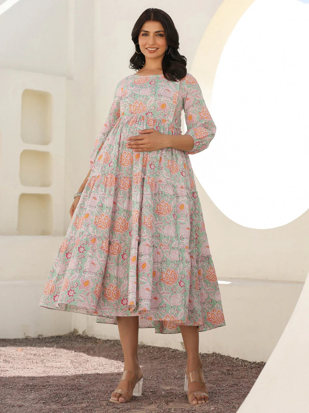 Light Green Pure Cotton Floral Printed Tiered Maternity Dress