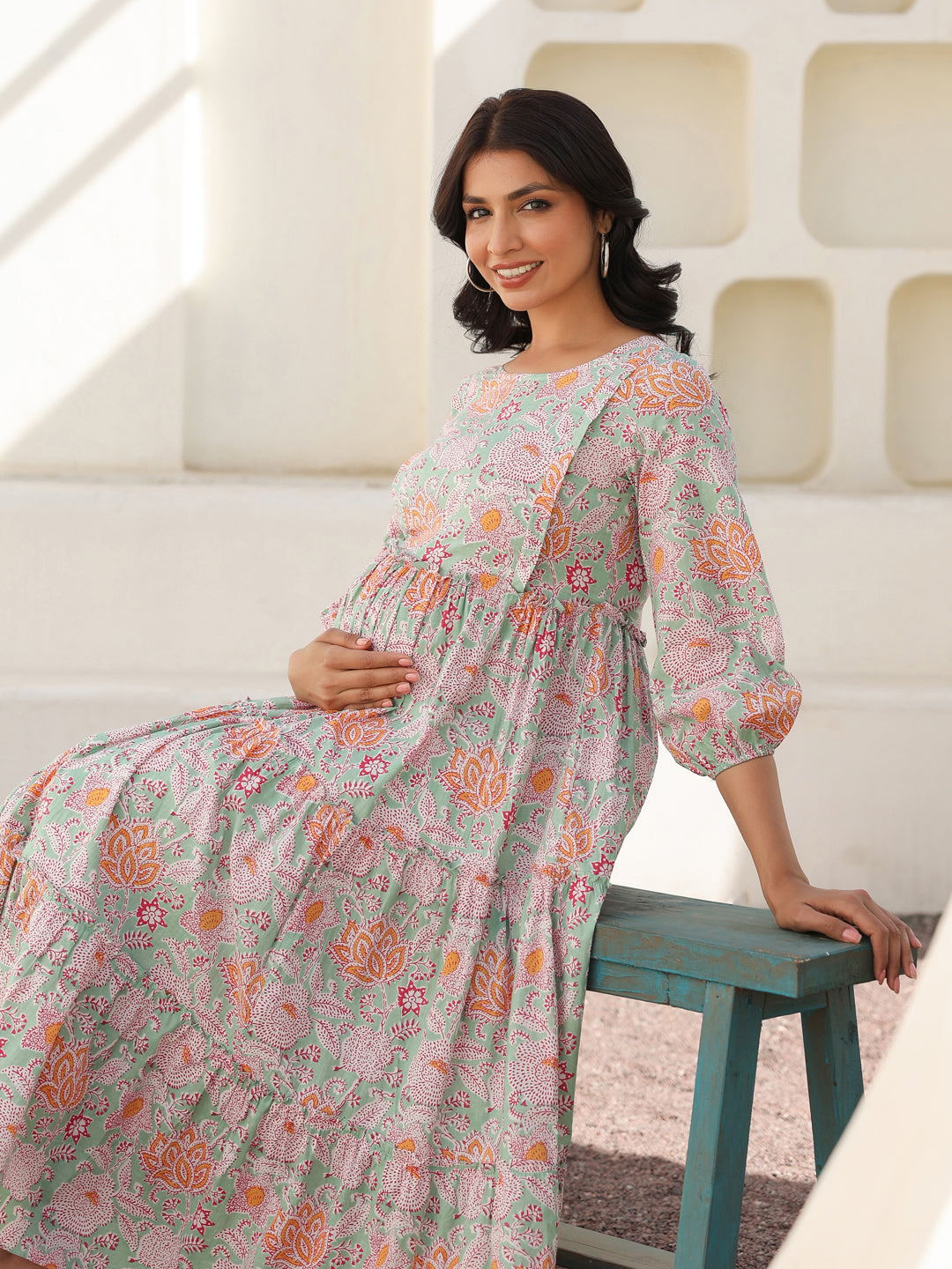 Light Green Pure Cotton Floral Printed Tiered Maternity Dress - qivii