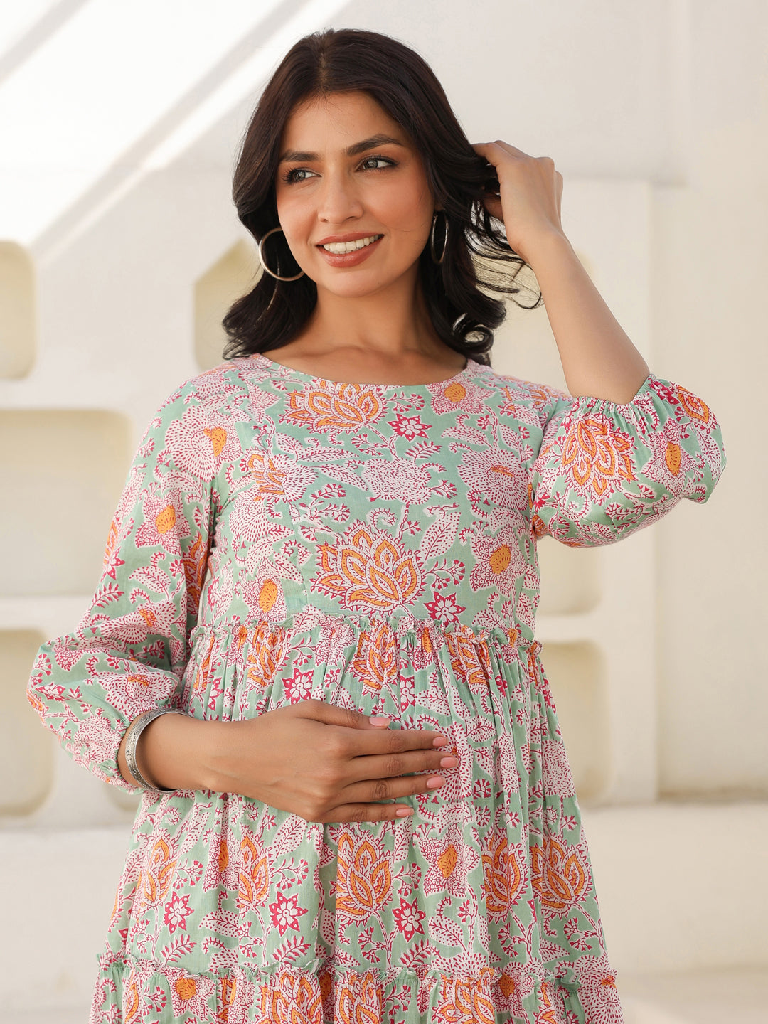 Light Green Pure Cotton Floral Printed Tiered Maternity Dress - qivii