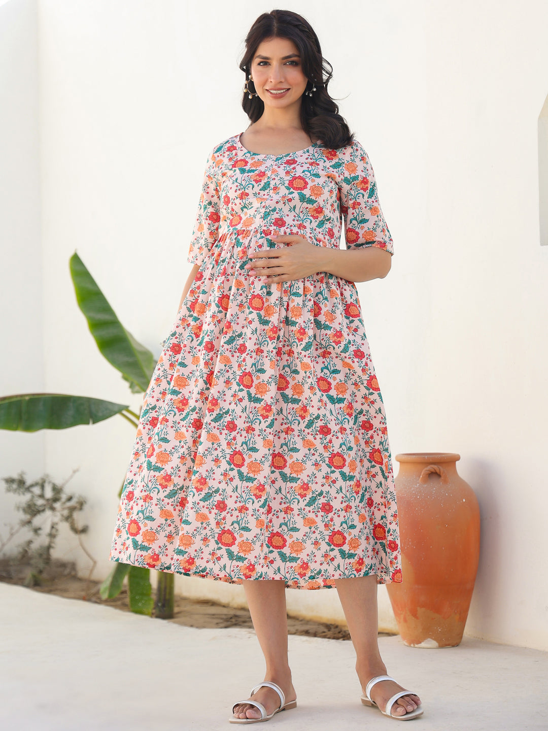 Peach Pure Cotton Floral Printed Fit & Flare Maternity Dress - qivii