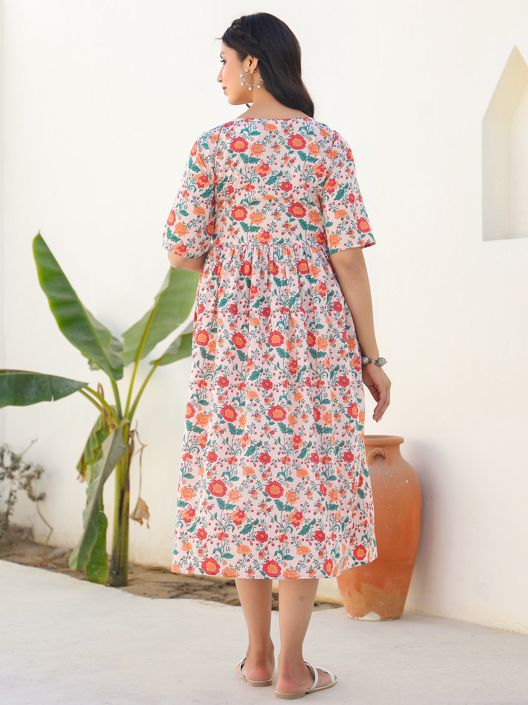 Peach Pure Cotton Floral Printed Fit & Flare Maternity Dress - qivii
