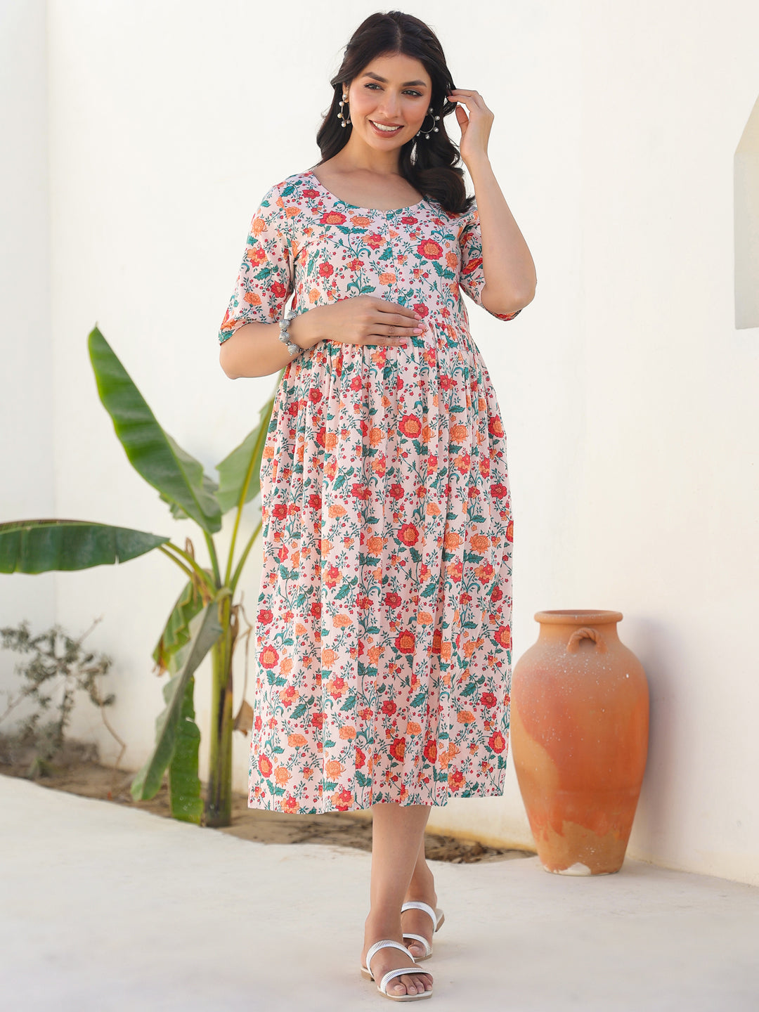Peach Pure Cotton Floral Printed Fit & Flare Maternity Dress - qivii