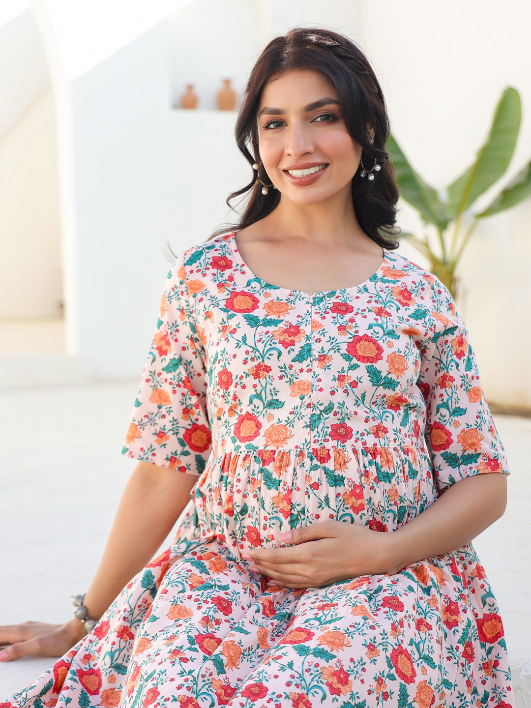 Peach Pure Cotton Floral Printed Fit & Flare Maternity Dress - qivii