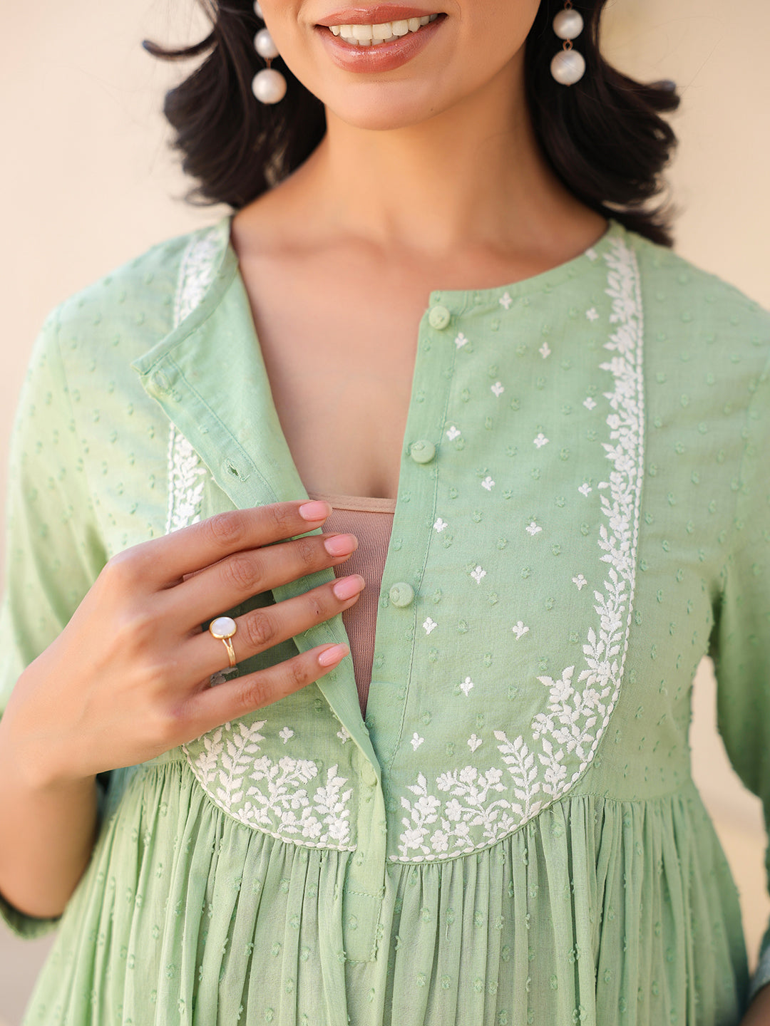 Janasya Women's Light Green Dobby Pure Cotton Yoke Embroidered A line Maternity Kurta Pant Set - qivii