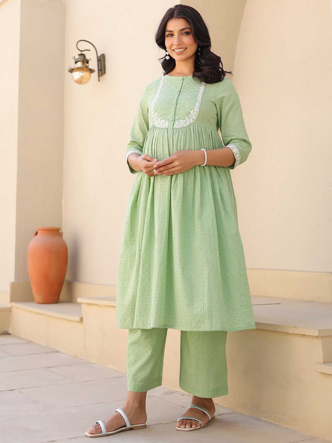 Janasya Women's Light Green Dobby Pure Cotton Yoke Embroidered A line Maternity Kurta Pant Set - qivii