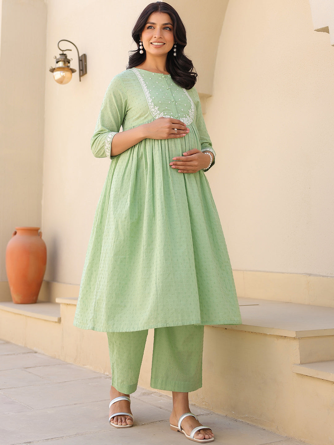 Janasya Women's Light Green Dobby Pure Cotton Yoke Embroidered A line Maternity Kurta Pant Set - qivii