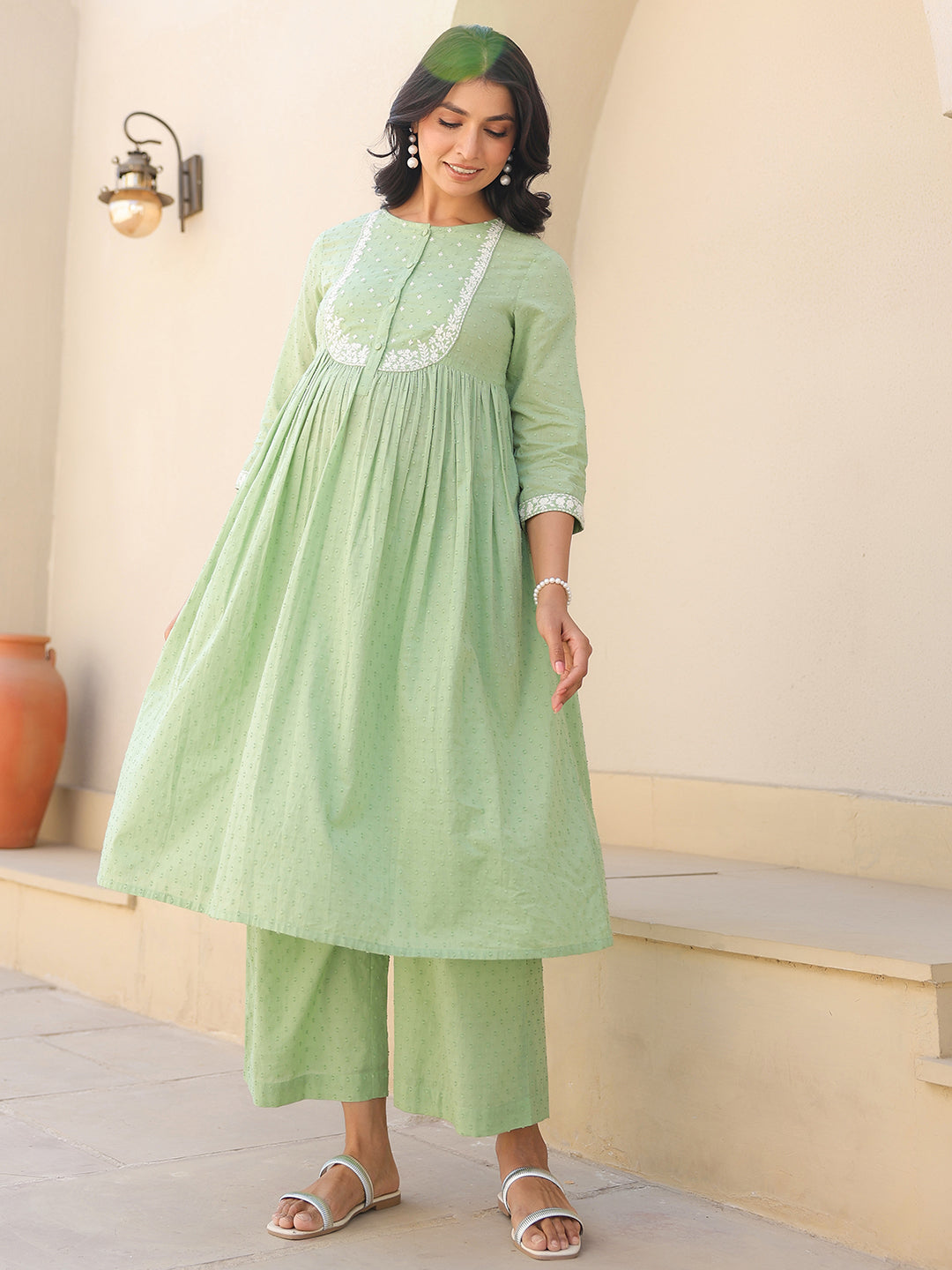 Janasya Women's Light Green Dobby Pure Cotton Yoke Embroidered A line Maternity Kurta Pant Set - qivii