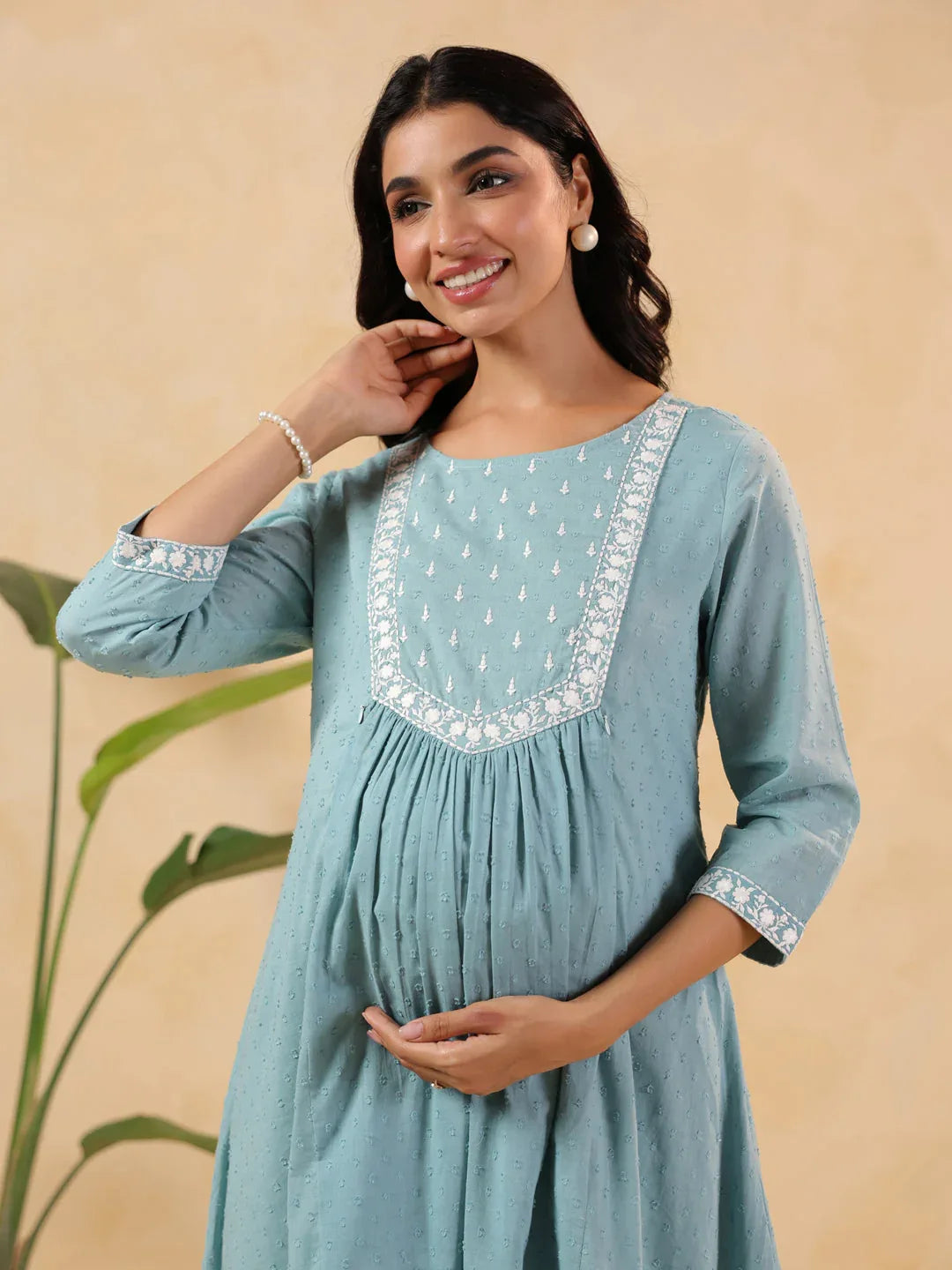 Janasya Women's Light Blue Dobby Pure Cotton Yoke Embroidered A-line Maternity Kurta Pant Set