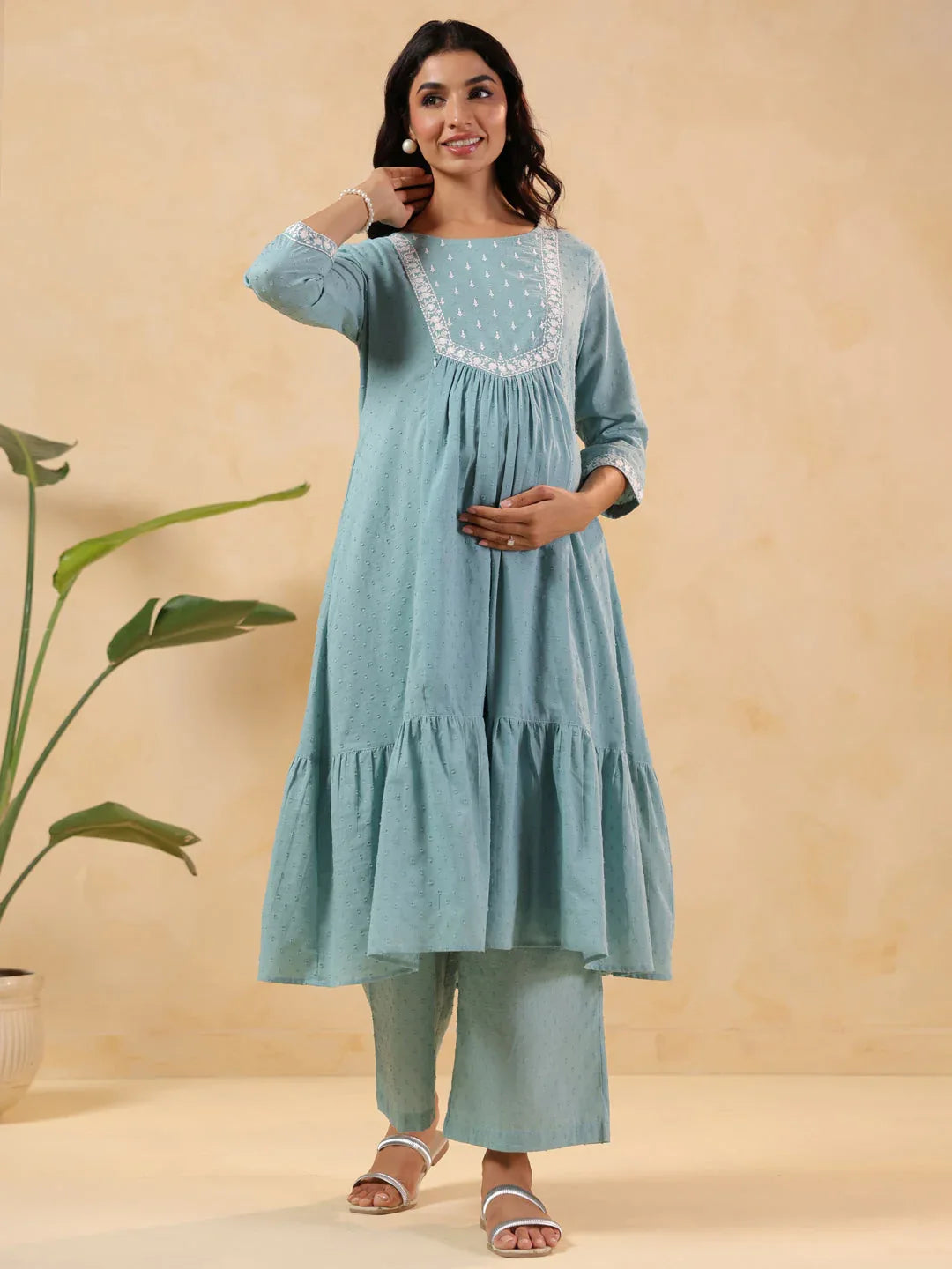 Janasya Women's Light Blue Dobby Pure Cotton Yoke Embroidered A-line Maternity Kurta Pant Set