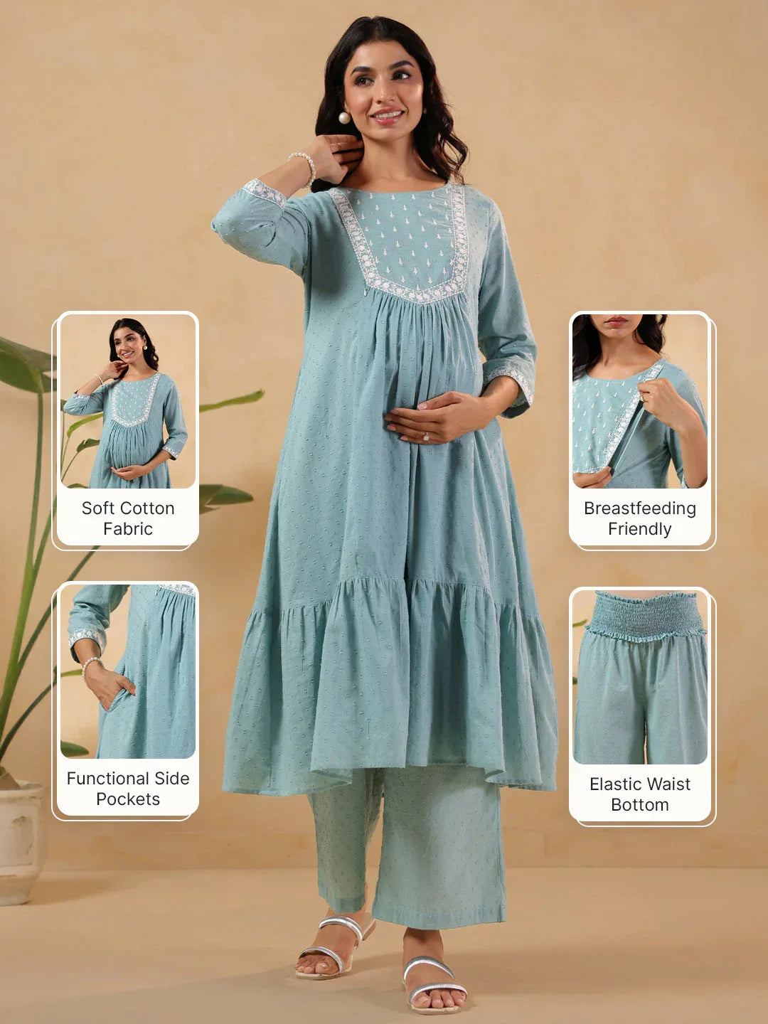 Janasya Women's Light Blue Dobby Pure Cotton Yoke Embroidered A-line Maternity Kurta Pant Set