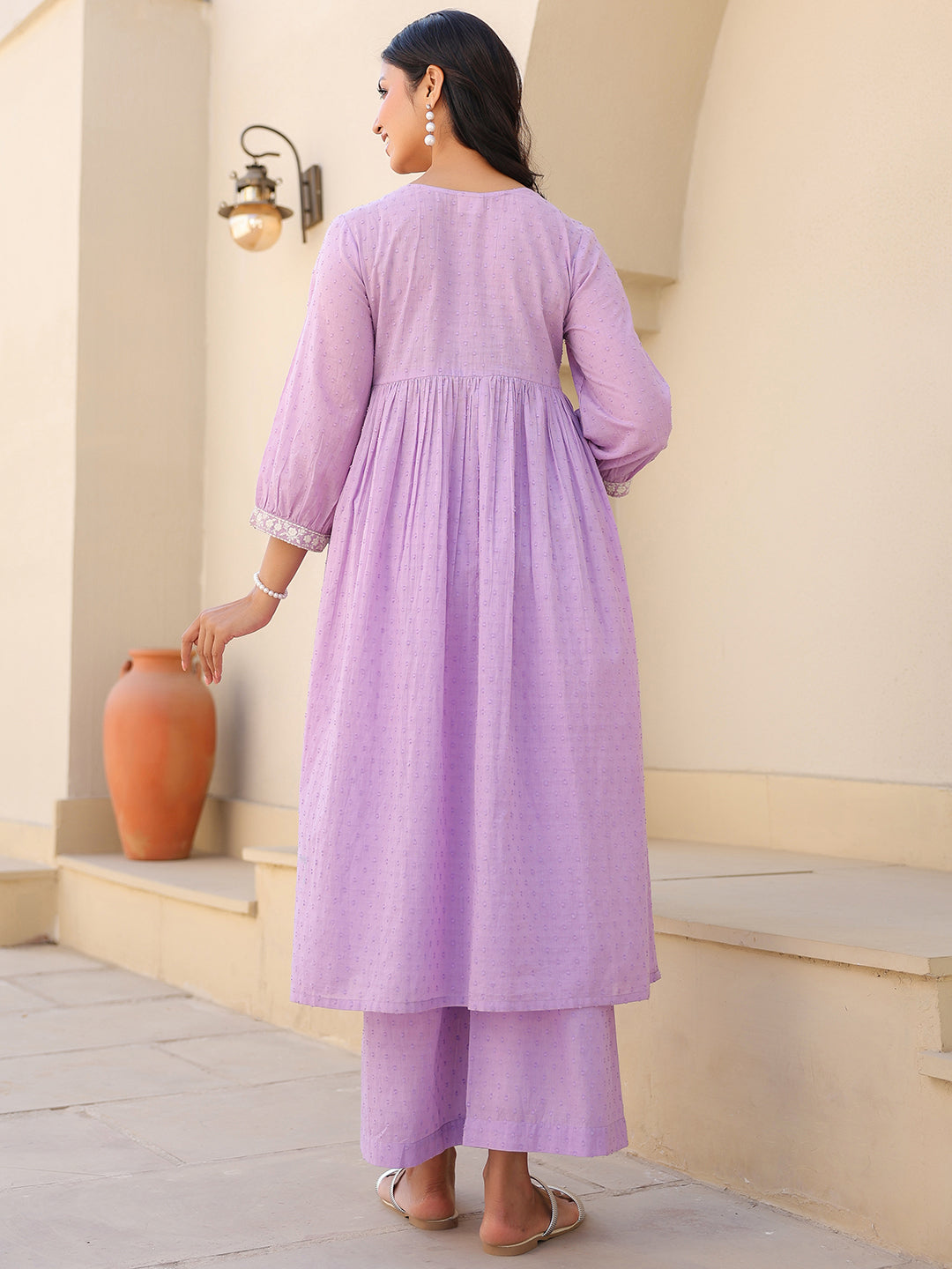 Janasya Women's Lavender Dobby Pure Cotton Yoke Embroidered A-line Maternity Kurta Pant Set - qivii