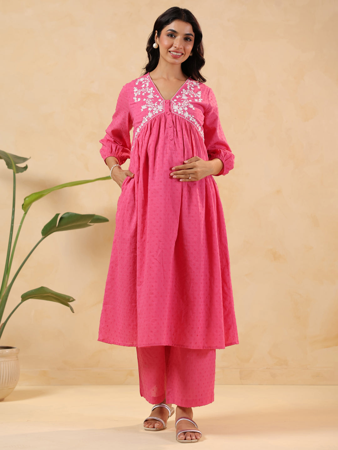 Janasya Women's Pink Dobby Pure Cotton Yoke Embroidery A-line Maternity Kurta Pant Set - qivii