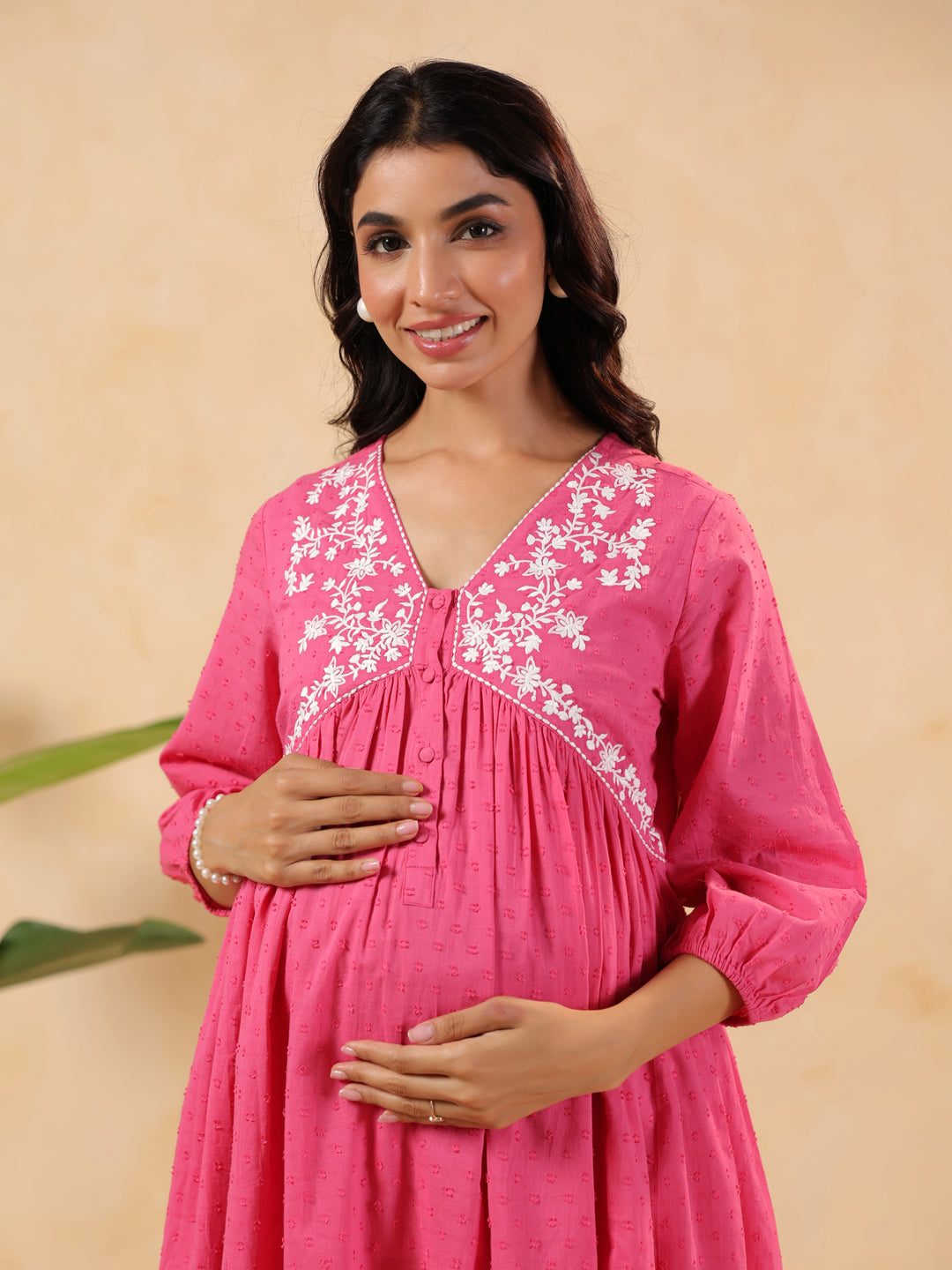 Janasya Women's Pink Dobby Pure Cotton Yoke Embroidery A-line Maternity Kurta Pant Set - qivii