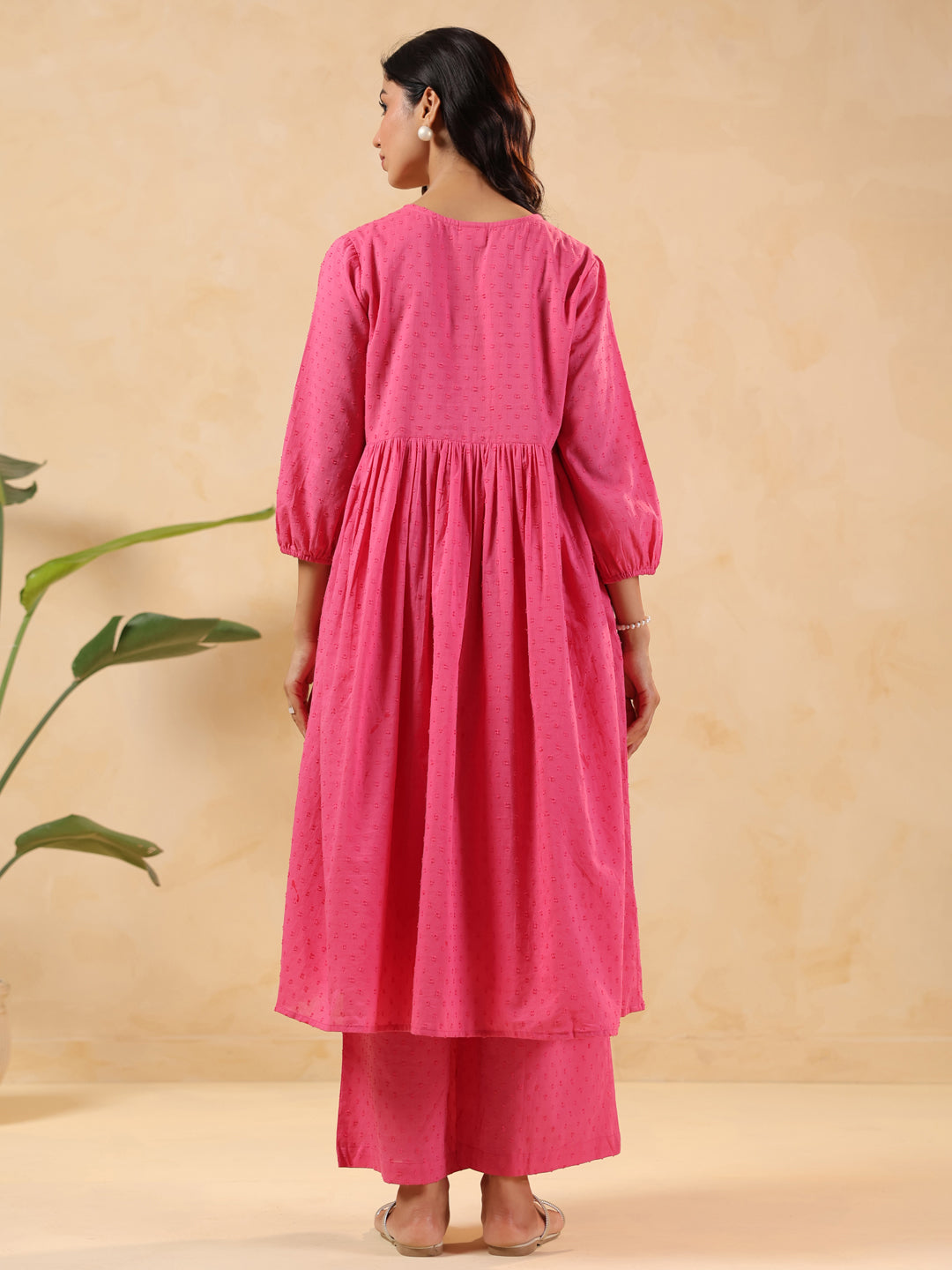 Janasya Women's Pink Dobby Pure Cotton Yoke Embroidery A-line Maternity Kurta Pant Set - qivii