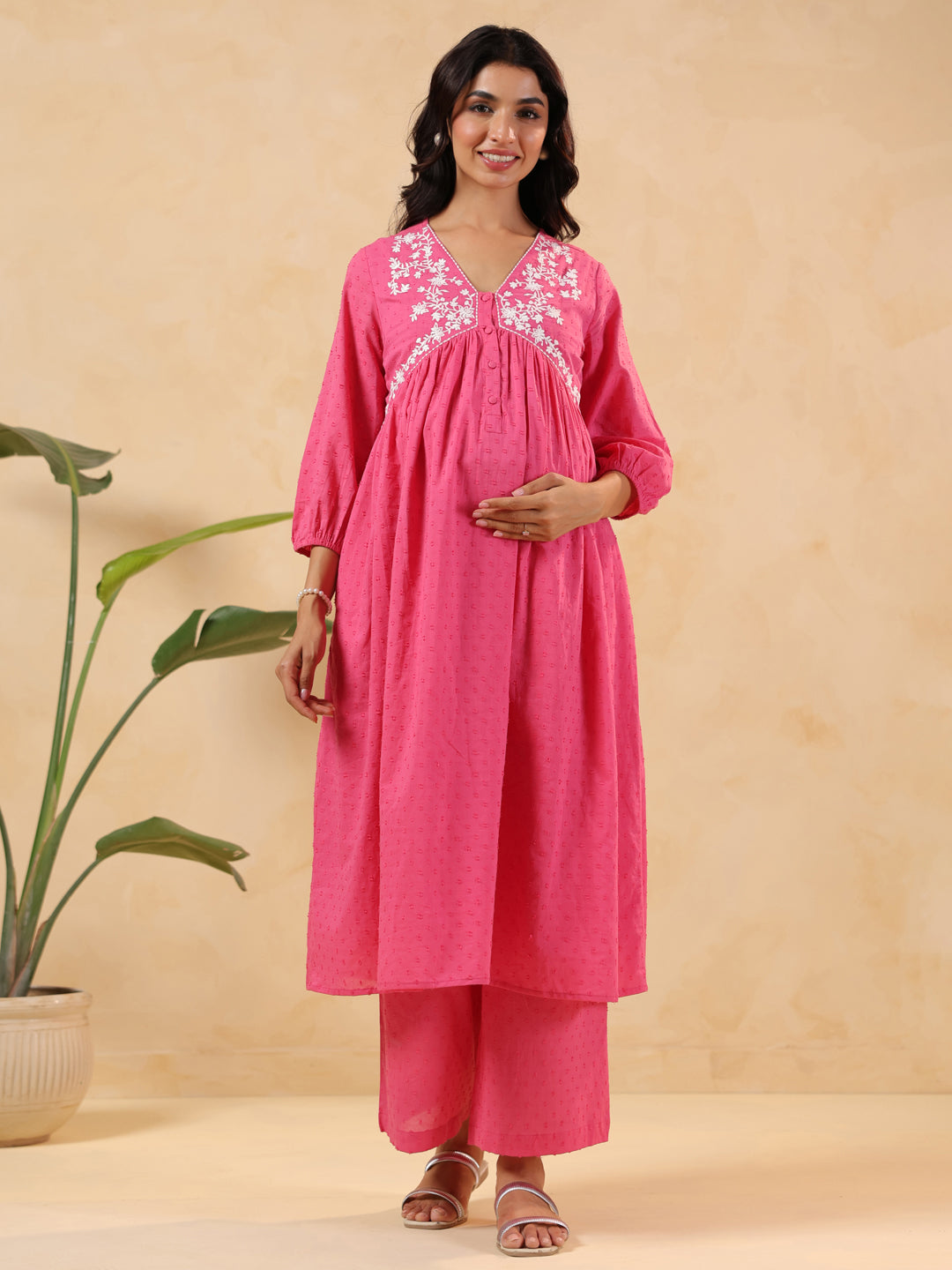 Janasya Women's Pink Dobby Pure Cotton Yoke Embroidery A-line Maternity Kurta Pant Set - qivii
