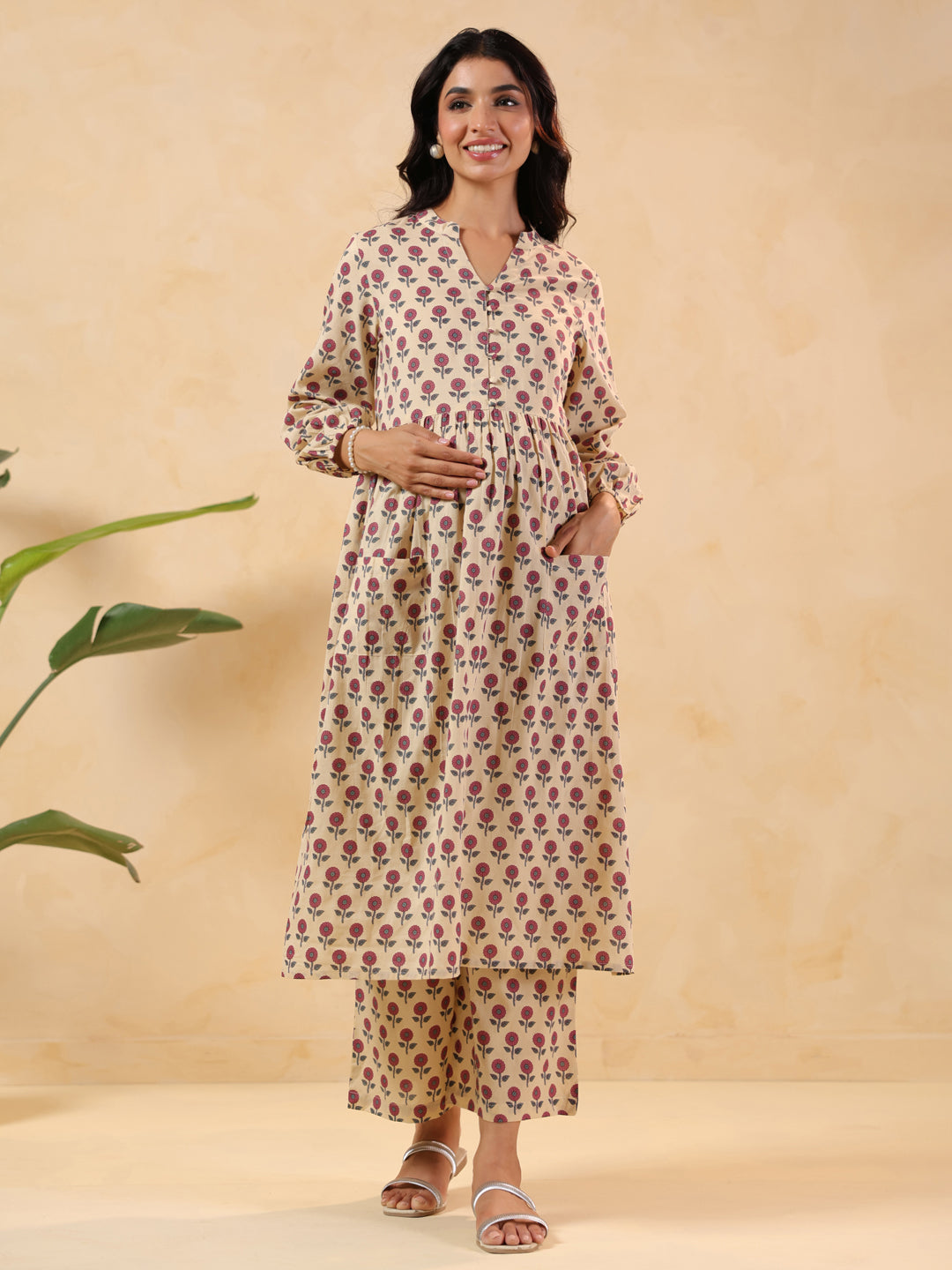 Janasya Women's Cream Pure Cotton Floral Printed A-line Maternity Kurta Pant Set - qivii