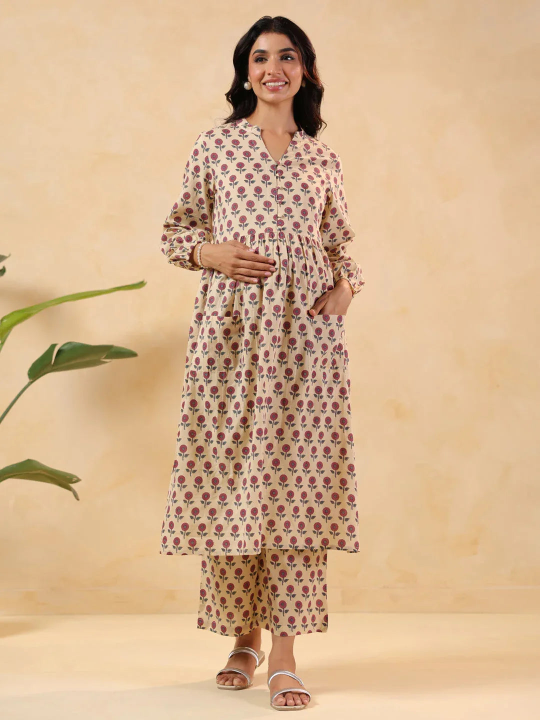 Janasya Women's Cream Pure Cotton Floral Printed A-line Maternity Kurta Pant Set
