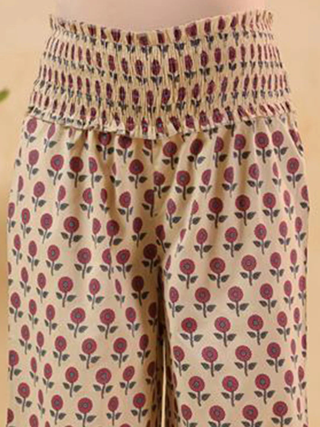 Janasya Women's Cream Pure Cotton Floral Printed A-line Maternity Kurta Pant Set