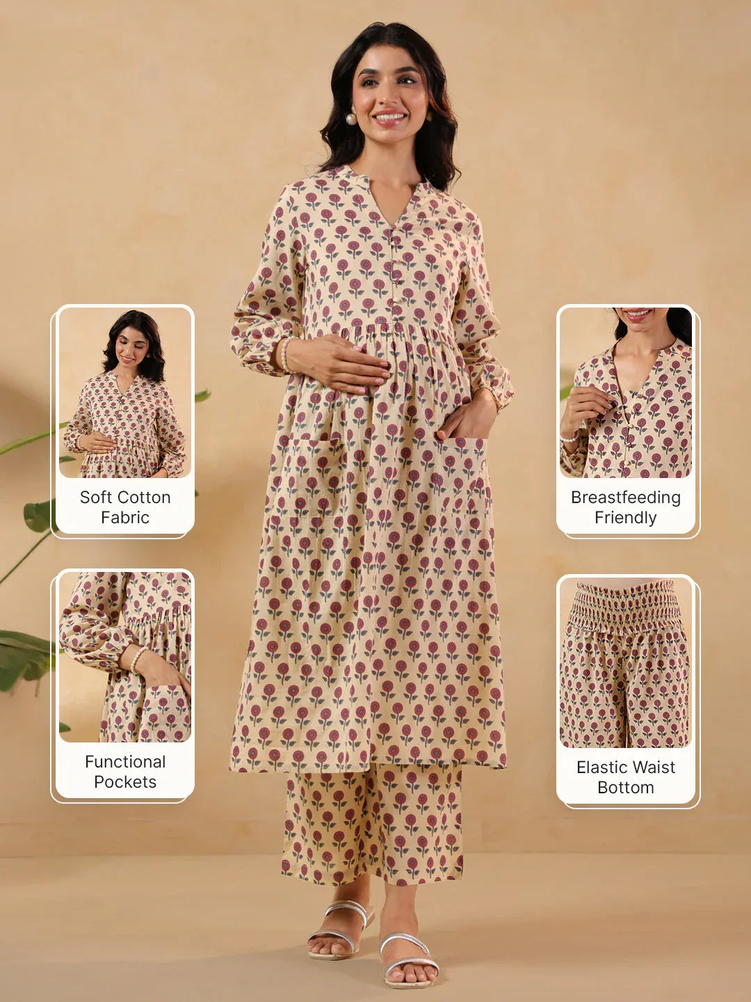 Janasya Women's Cream Pure Cotton Floral Printed A-line Maternity Kurta Pant Set