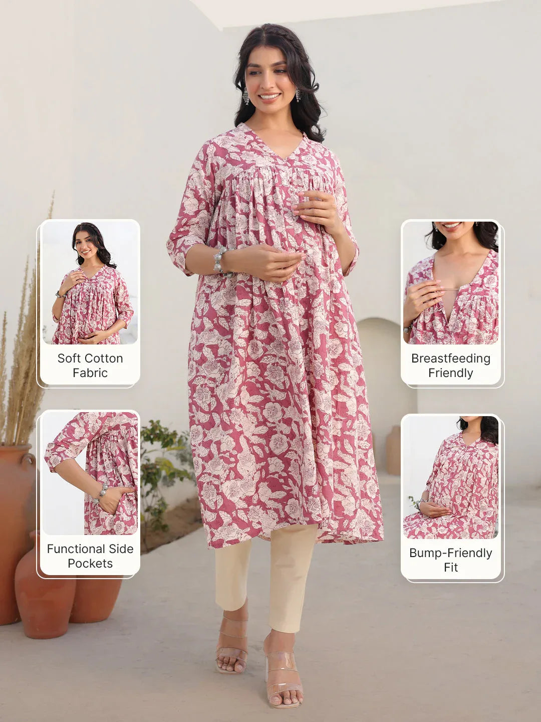 Mauve Pure Cotton Floral Printed Gathered Maternity Kurta