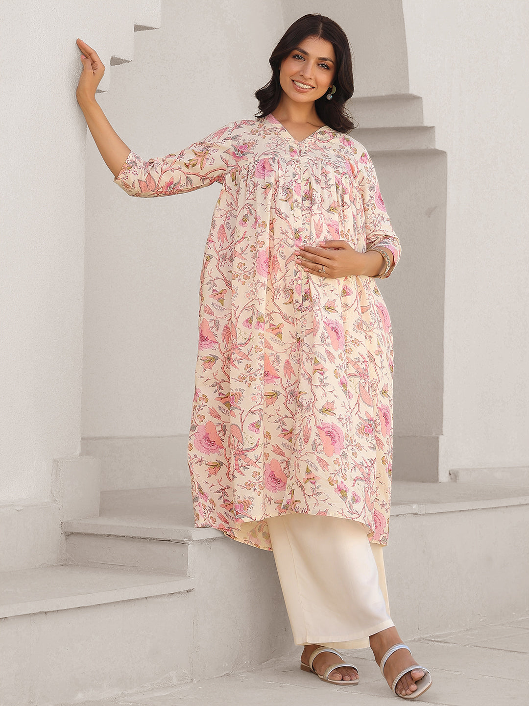Cream Pure Cotton Floral Printed A-line Maternity Kurta - qivii