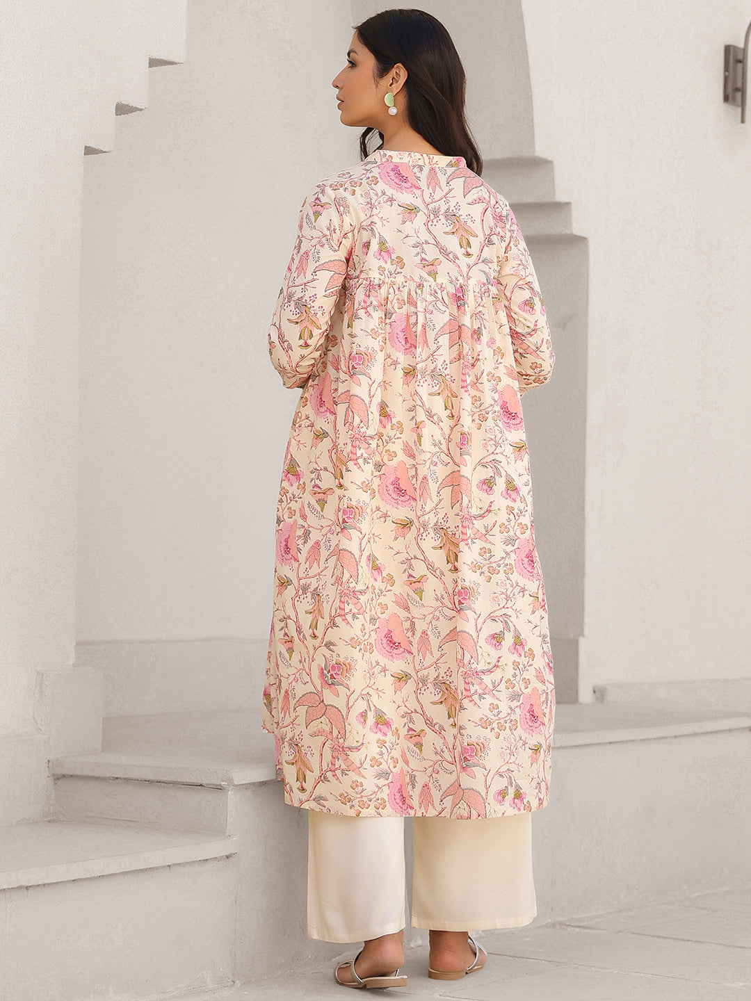 Cream Pure Cotton Floral Printed A-line Maternity Kurta - qivii