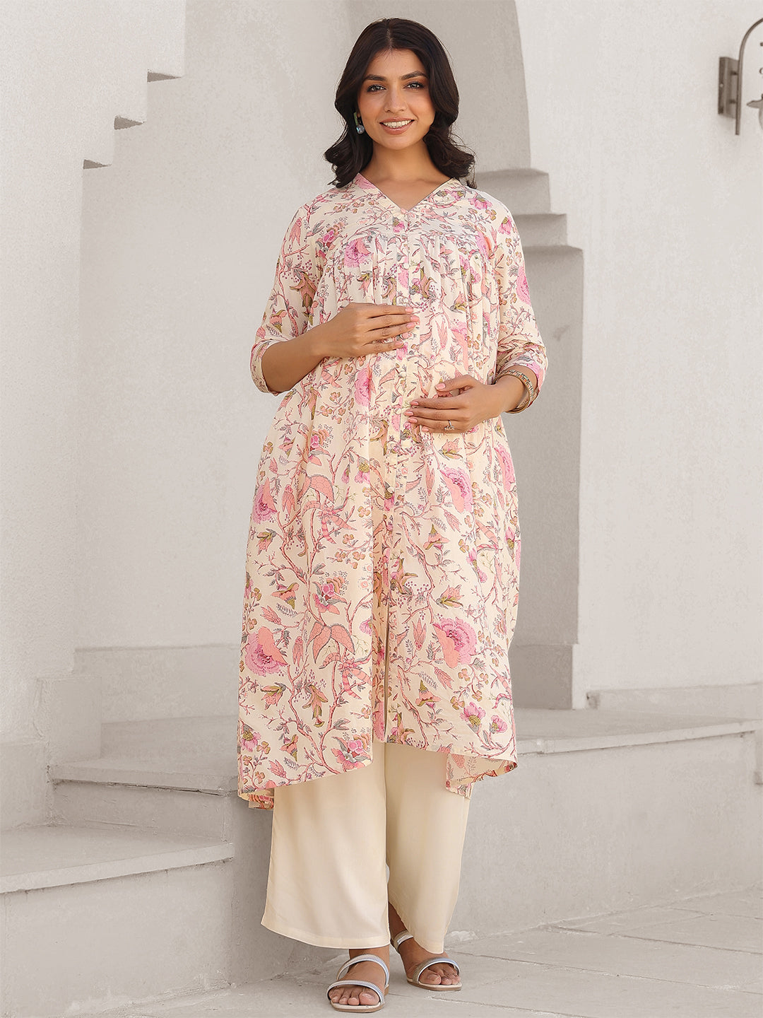 Cream Pure Cotton Floral Printed A-line Maternity Kurta - qivii