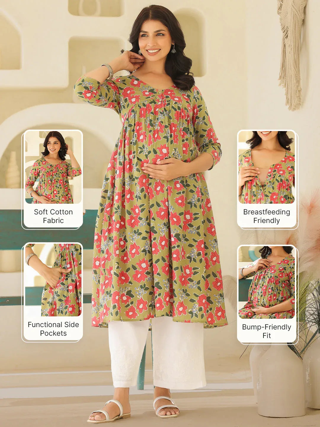 Sage Green Pure Cotton Floral Printed Gathered Maternity Kurta