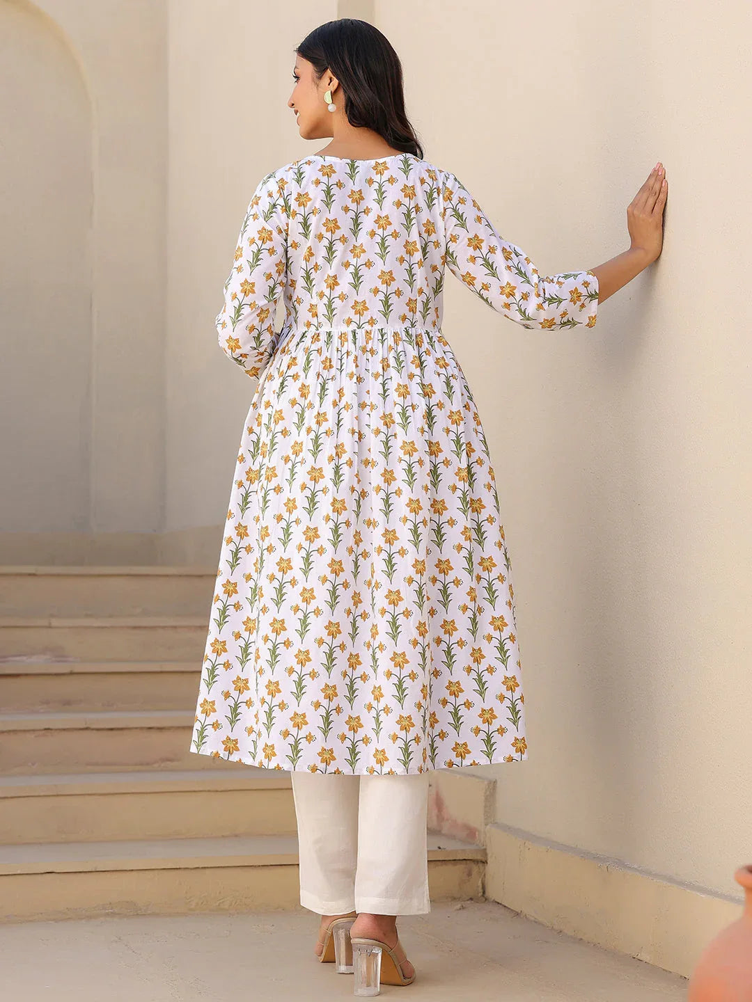 White Pure Cotton Floral Printed A-line Maternity Kurta