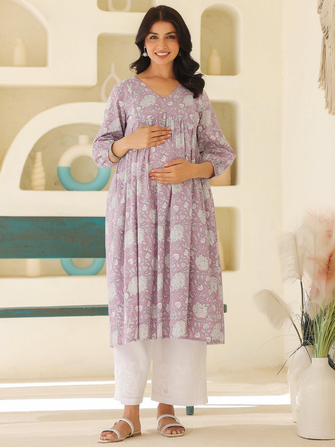 Lavender Pure Cotton Floral Printed A-line Maternity Kurta - qivii