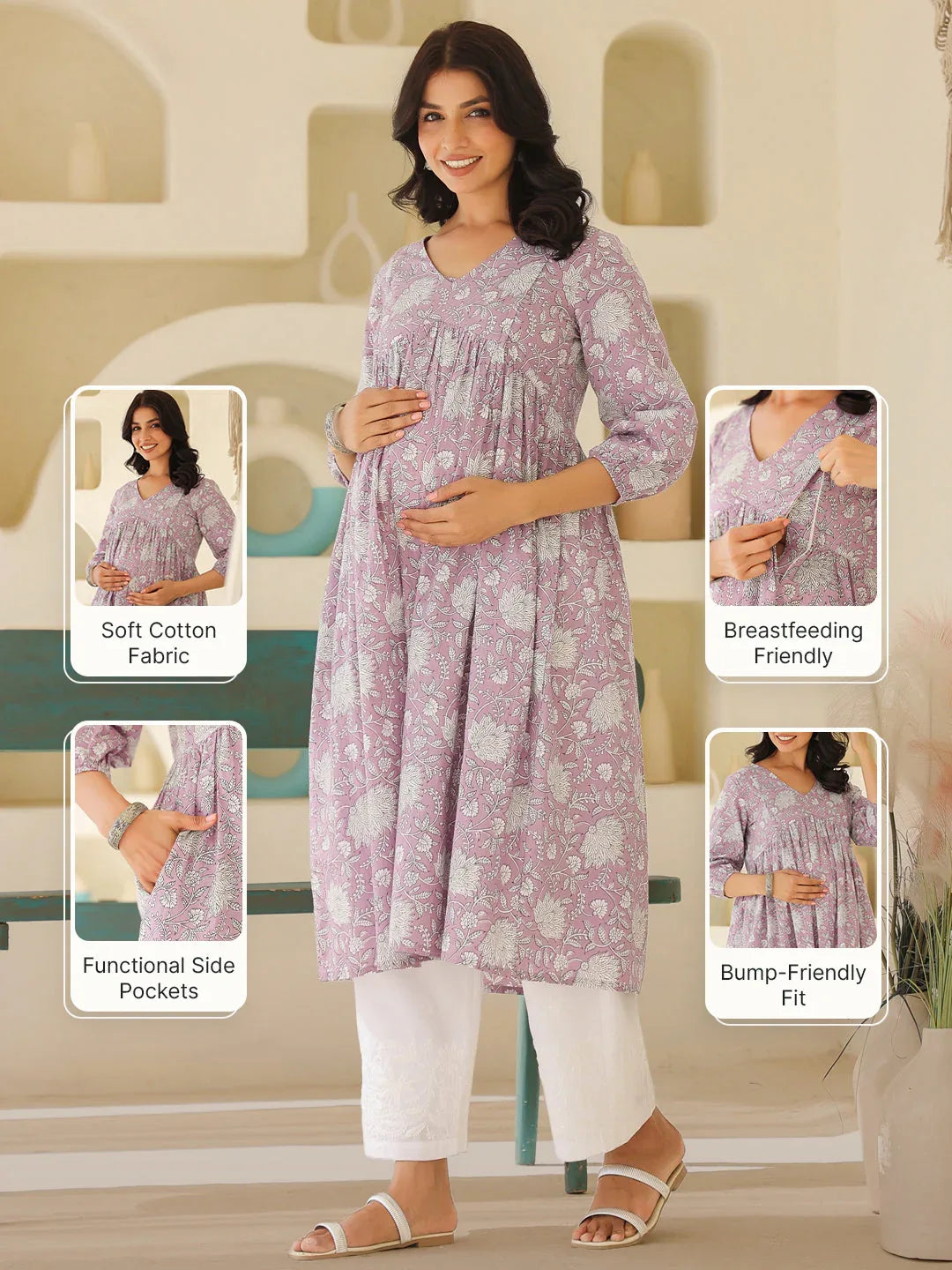Lavender Pure Cotton Floral Printed A-line Maternity Kurta