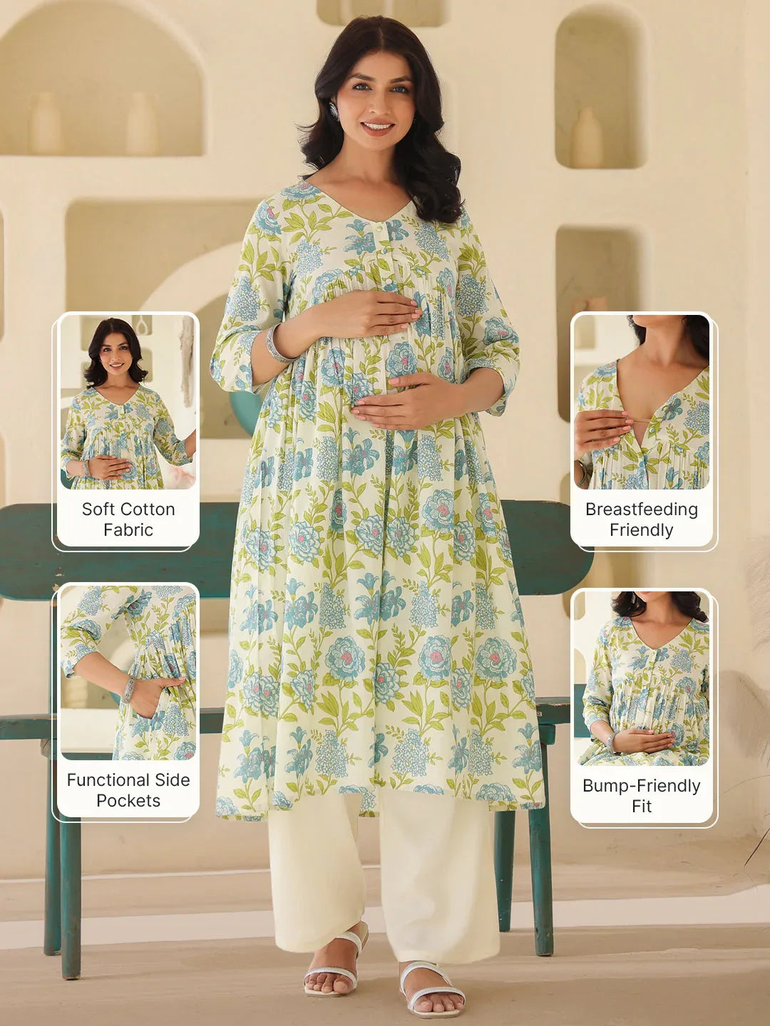 Off White Pure Cotton Floral Printed A-line Maternity Kurta