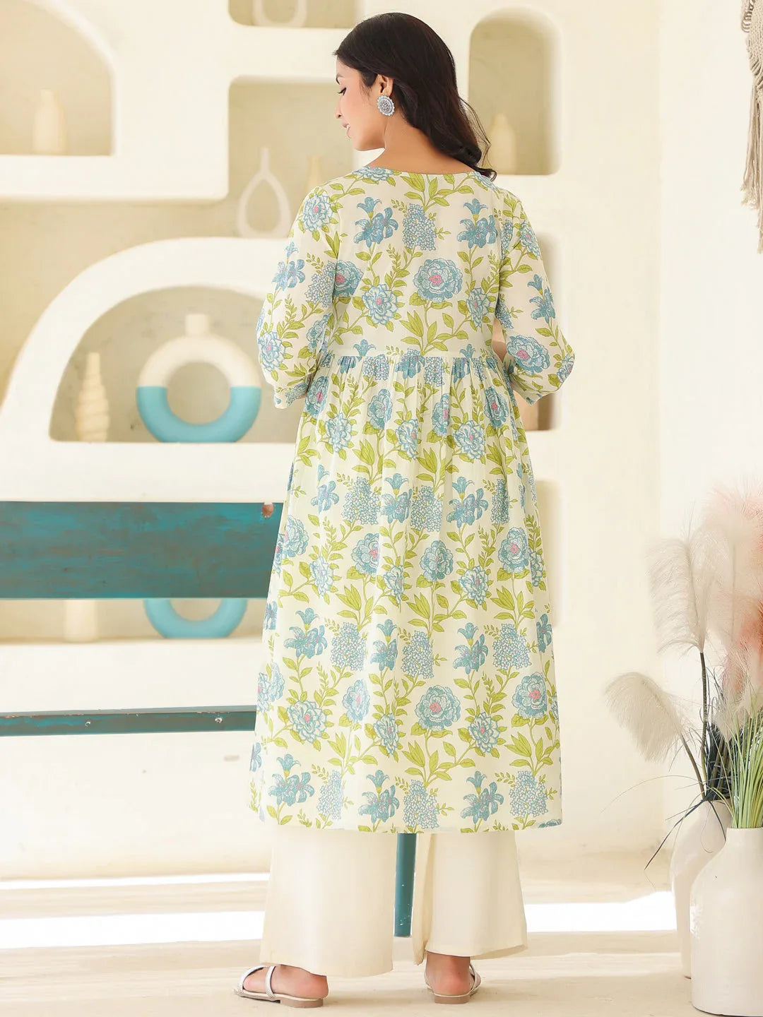 Off White Pure Cotton Floral Printed A-line Maternity Kurta