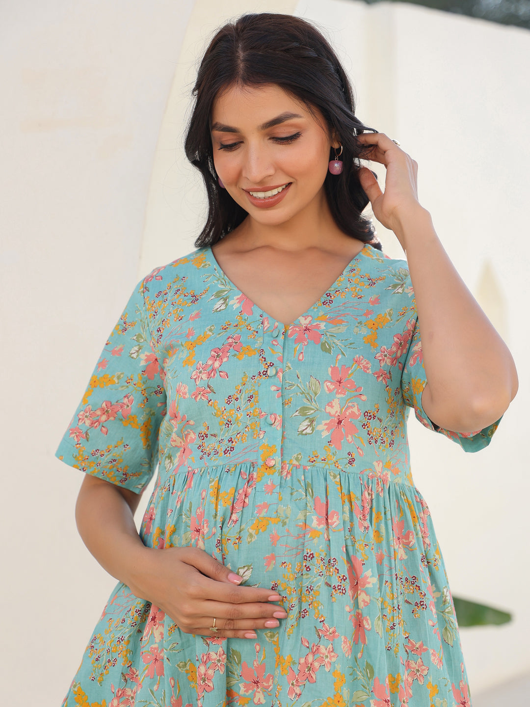 Blue Pure Cotton Floral Printed A-line Maternity Tunic - qivii