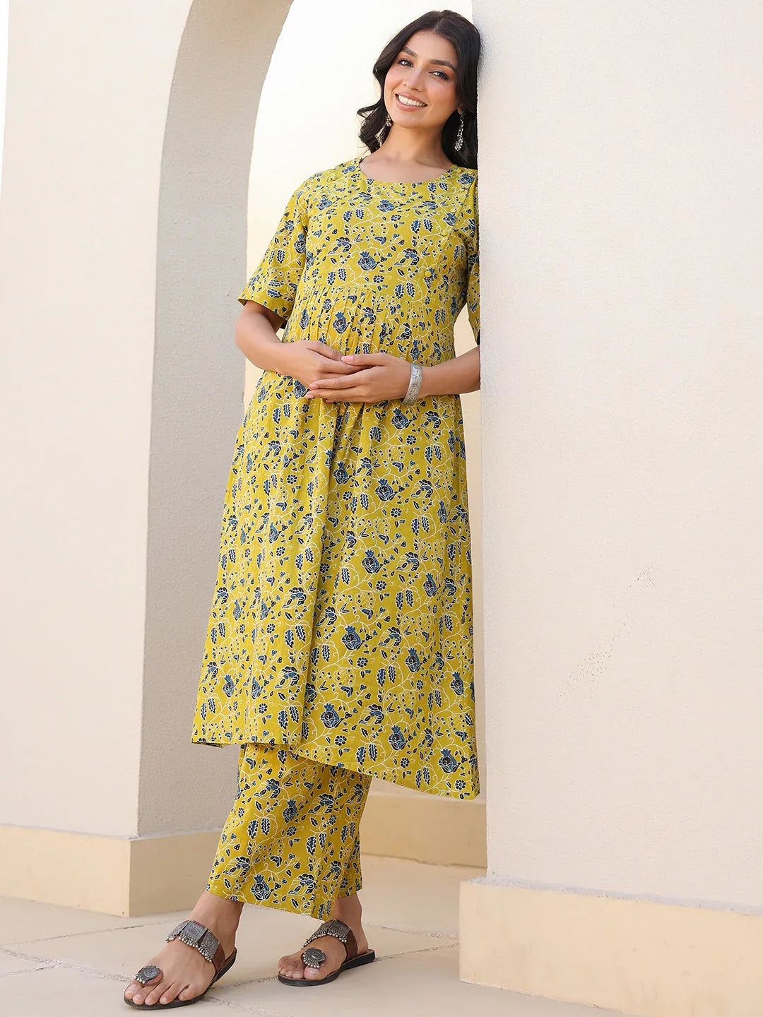 Lime Yellow Pure Cotton Floral Printed A-line Maternity Kurta Pant Set